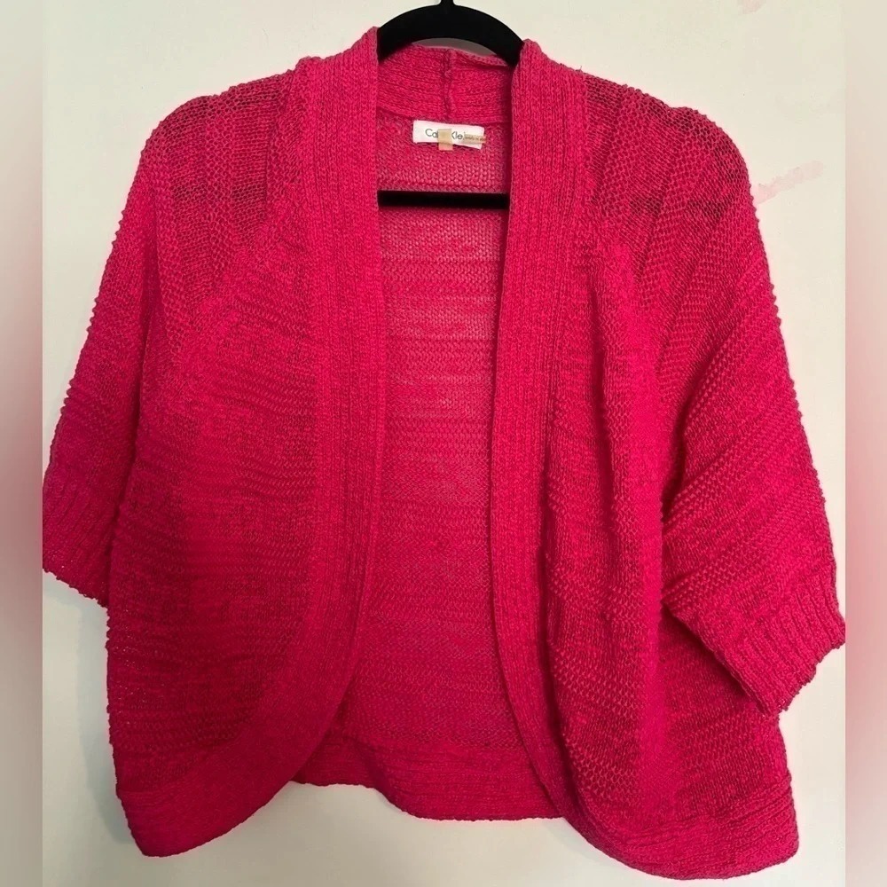 Calvin Klein Womens Large‎ Pink Crocheted Short Sleeve Cropped Cardigan Office